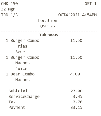 This image shows a check example with several combo items including the two burger combos and one beer combo.