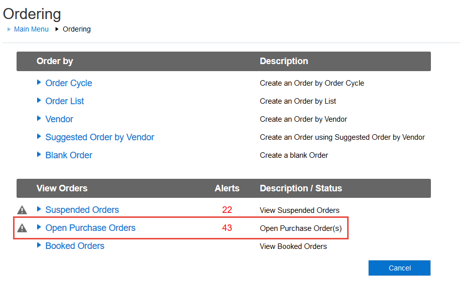 Screenshot of the Open Purchase Orders option from the Ordering page.