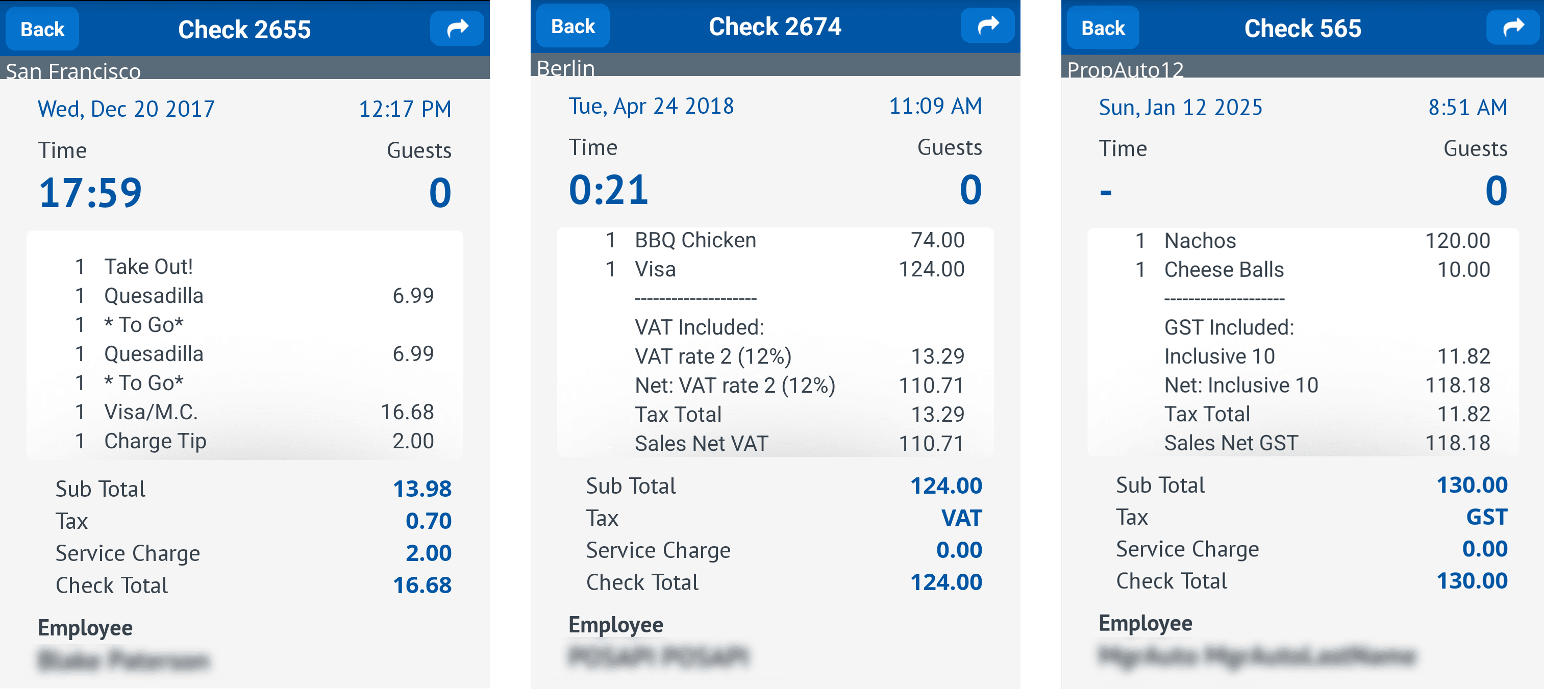 Three check detail images with add-on tax configuration on the left, VAT tax configuration in the middle, and GST tax and label configuration on the right.