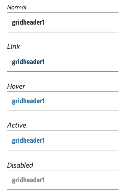 This image shows examples of the gridheader1 in different states including normal, link, hover, active, and disabled.
