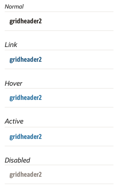 This image shows examples of the gridheader2 and gridheader3 in different states including normal, link, hover, active, and disabled.