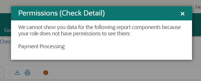 Screenshot of the Check Detail report and the Permissions dialog when the Payment Processing report component cannot be displayed.
