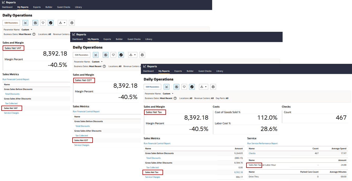 Three screenshots of the Daily Operations report with the different label variations. For example, Sales Net VAT vs. Sales Net GST vs. Sales Net Tax.