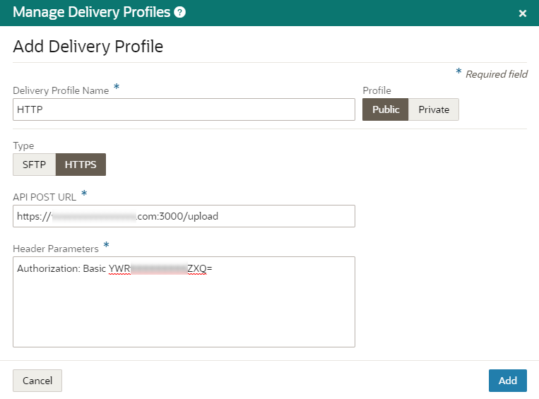 Shows the Add Delivery Profile page with an example configuration for posting to a custom web service and specification of basic authorization within the header parameters.