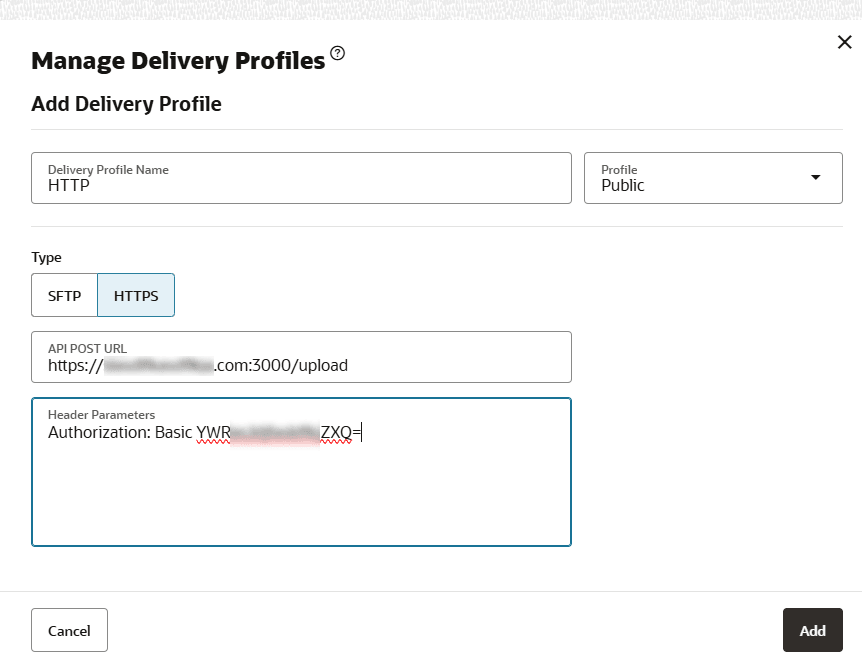 Shows the Add Delivery Profile page with an example configuration for posting to a custom web service and specification of basic authorization within the header parameters.