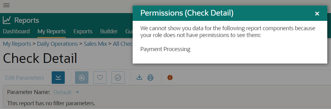 Screenshot of the Check Detail report and the Permissions dialog when the Payment Processing report component cannot be displayed.