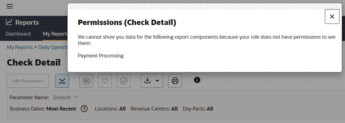 Screenshot of the Check Detail report and the Permissions dialog when the Payment Processing report component cannot be displayed.
