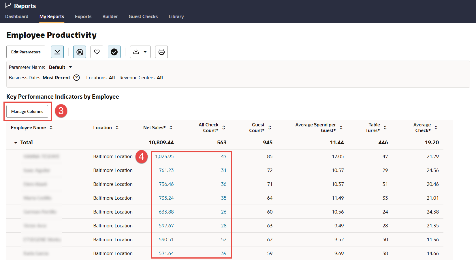 This image shows a screenshot of a report. Elements are called out by number including the manage columns button and clickable entries in the report.