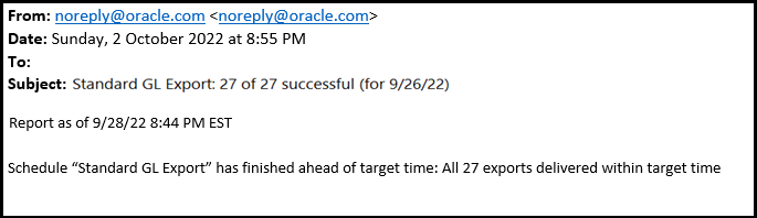 A screenshot of the an example email sent. Includes subject line orglevel retest: 27 of 27 successful for (9/26/22). Body of email reads: Report as of 9/28/22 8:44 pm. Schedule “orglevel retest” has finished ahead of target time: All 27 exports delivered within target time