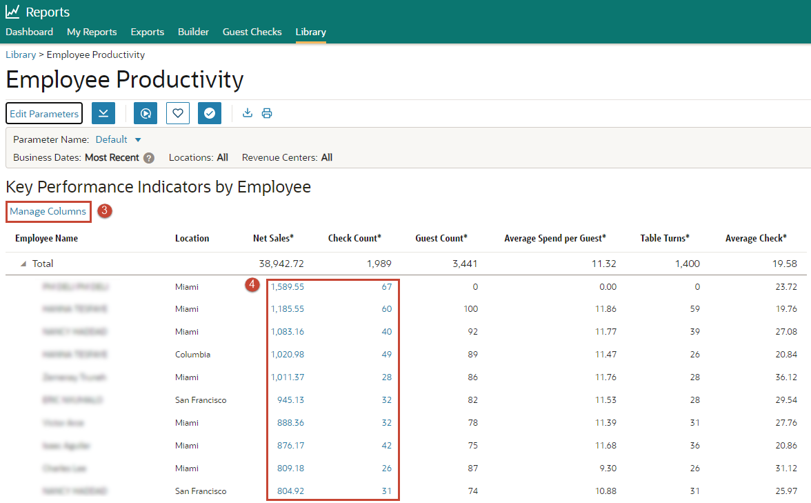 This image shows a screenshot of a report. Elements are called out by number including the manage columns button and clickable entries in the report.