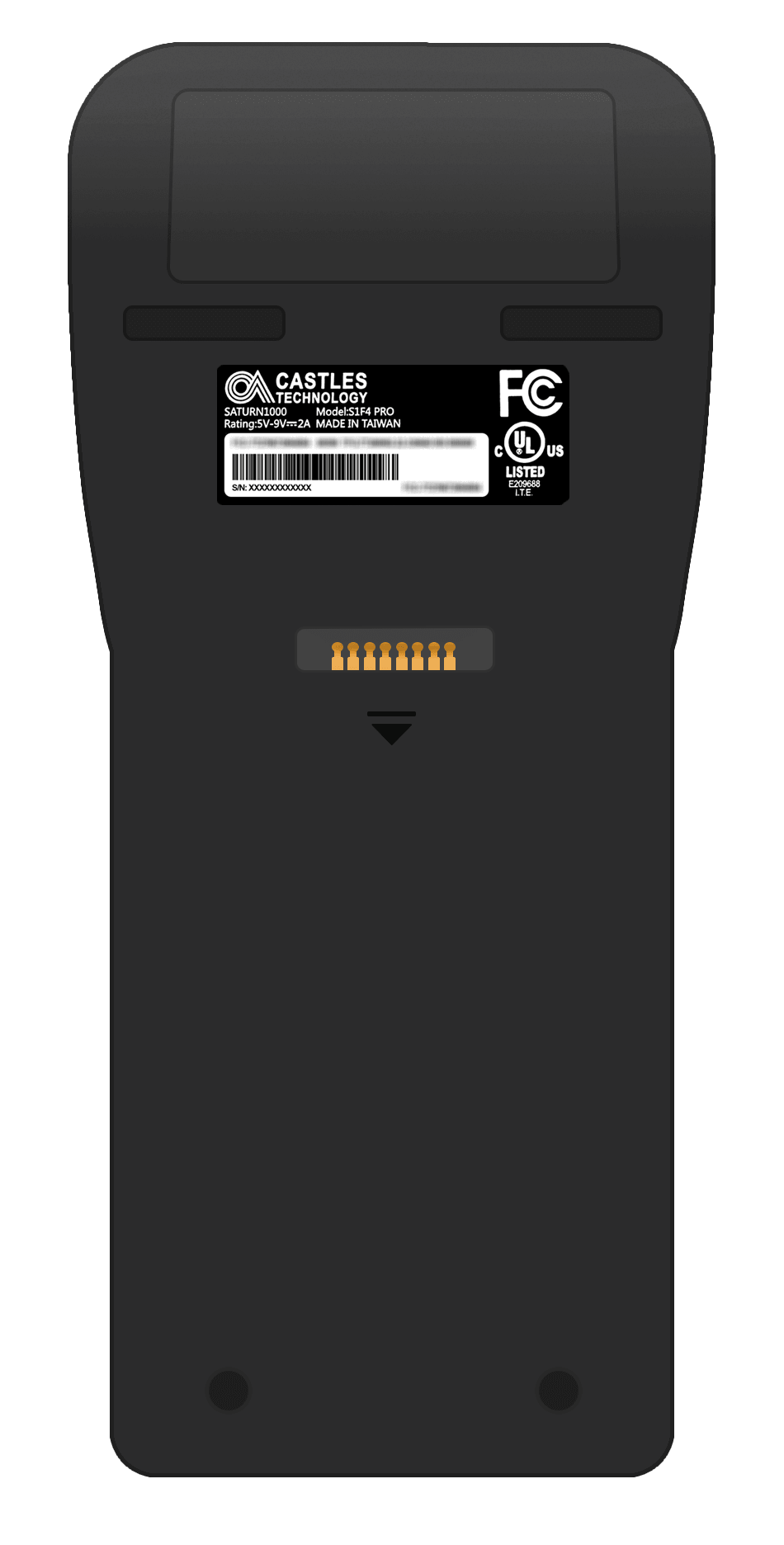 This figure shows the back of the Castles S1F4 Pro Mobile Order and Payment Terminal, including the serial number label.