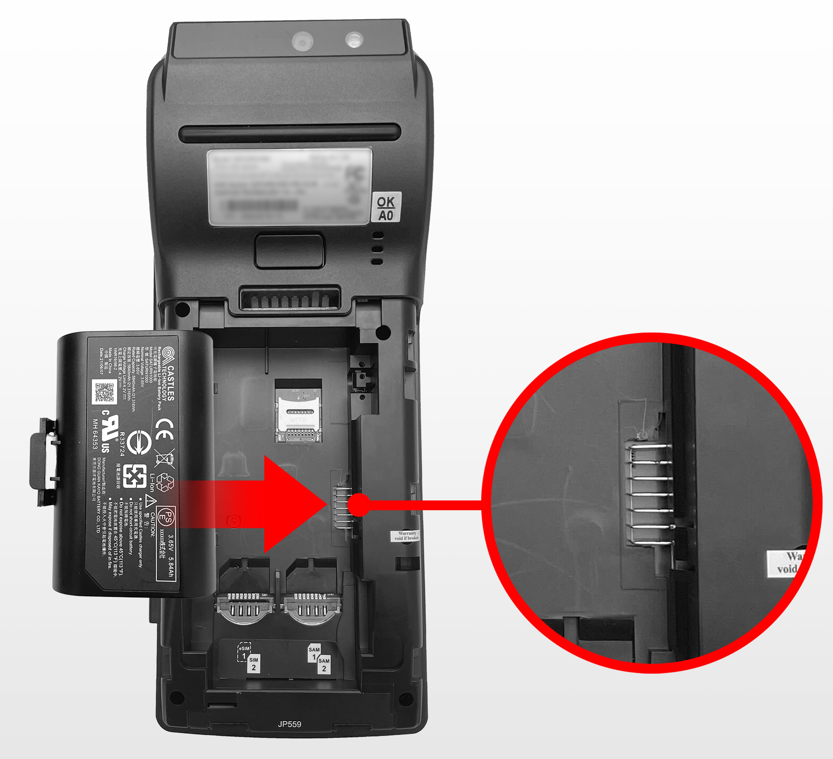 This figure shows the location of the power terminal pins on the Castles S1F2 Mobile Order and Payment Terminal.