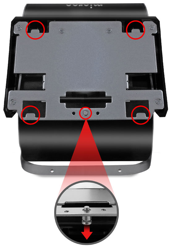 This image shows the location of the Flexible Stand mounting tabs and the quick release pin.
