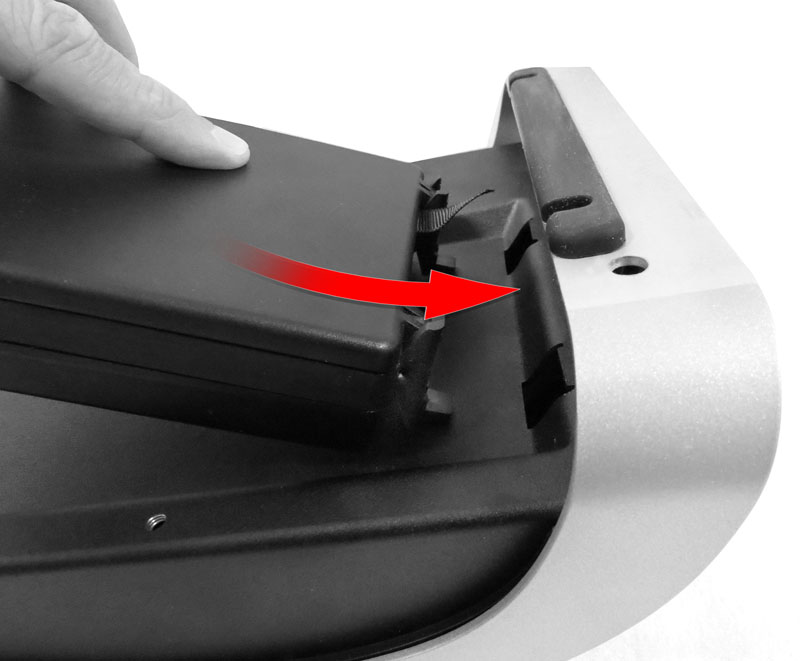 This image depicts sliding the battery enclosure into the slots on the bottom of the Flexible Stand.