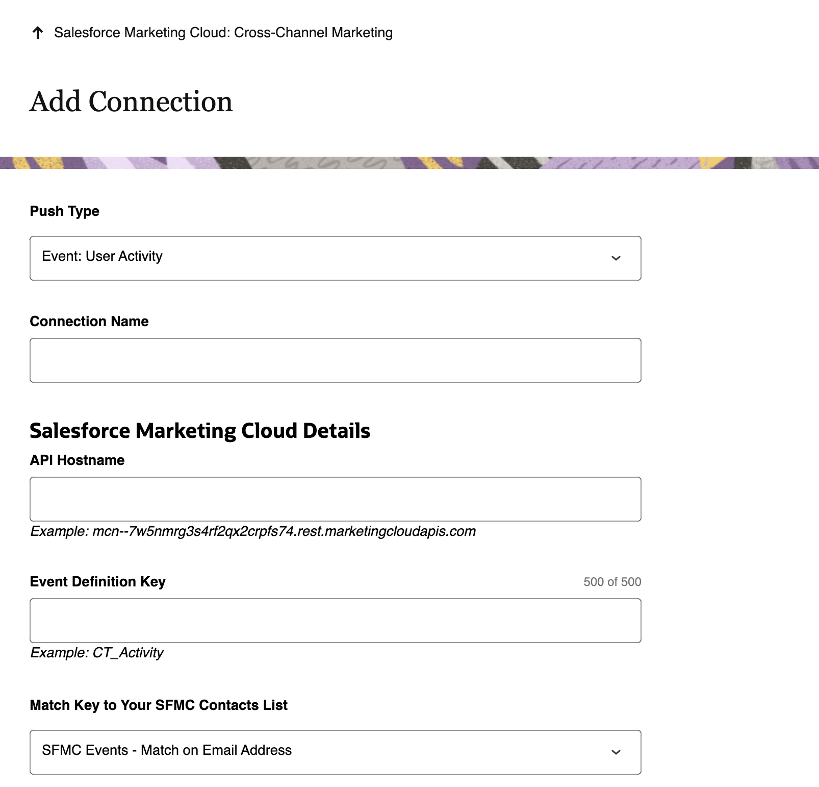 This image displays the Add Connection page, with several drop down menus and fields describing Salesforce Marketing Cloud details.