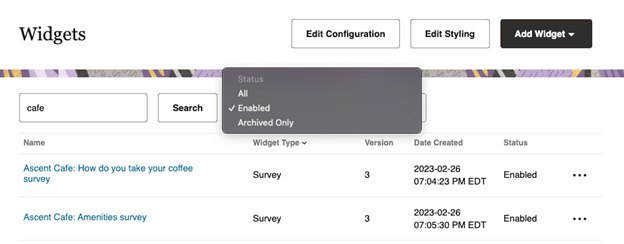 This image shows the Archived Only widget status selection.