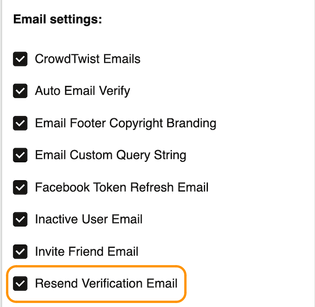 This image displays all Email settings with the Resend Verification Email checkbox outlined.