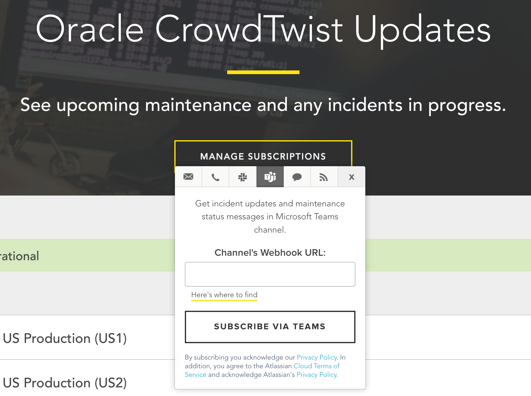 This image displays the Oracle CrowdTwist Updates subscription window for Microsoft Teams.