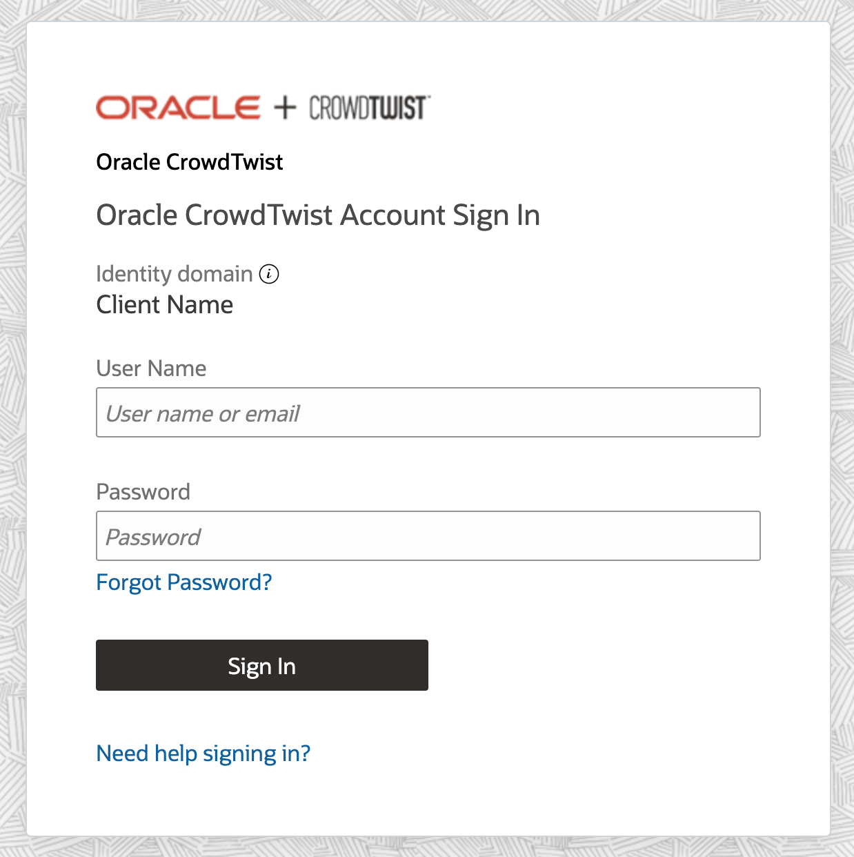 This image displays the CrowdTwist login window as it will appear when integrated with Oracle’s Identity Cloud Service authentication tool.