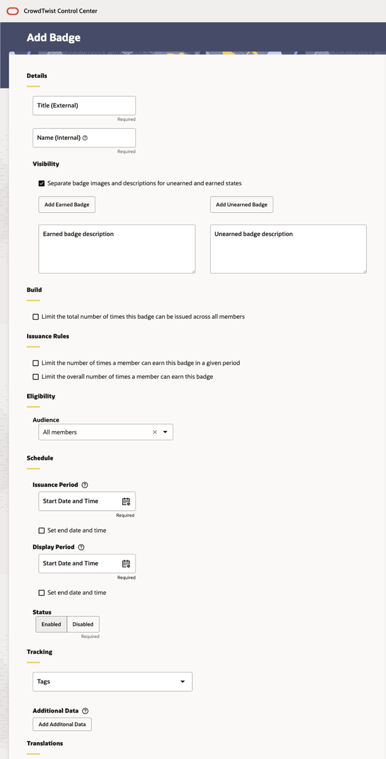 Shows th page for adding a badge.