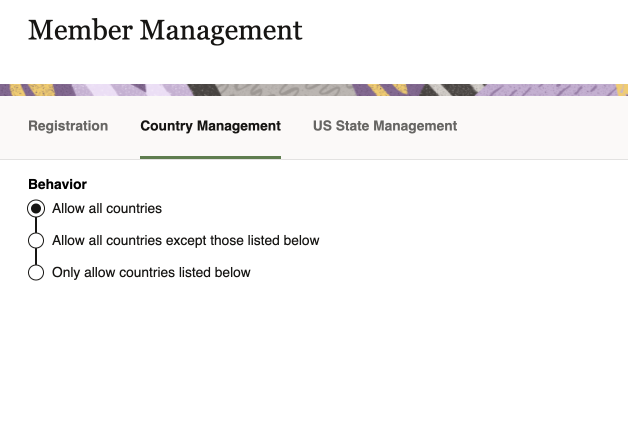 This image displays the Country Management area of Member Management, with the “Allow all countries” option selected.