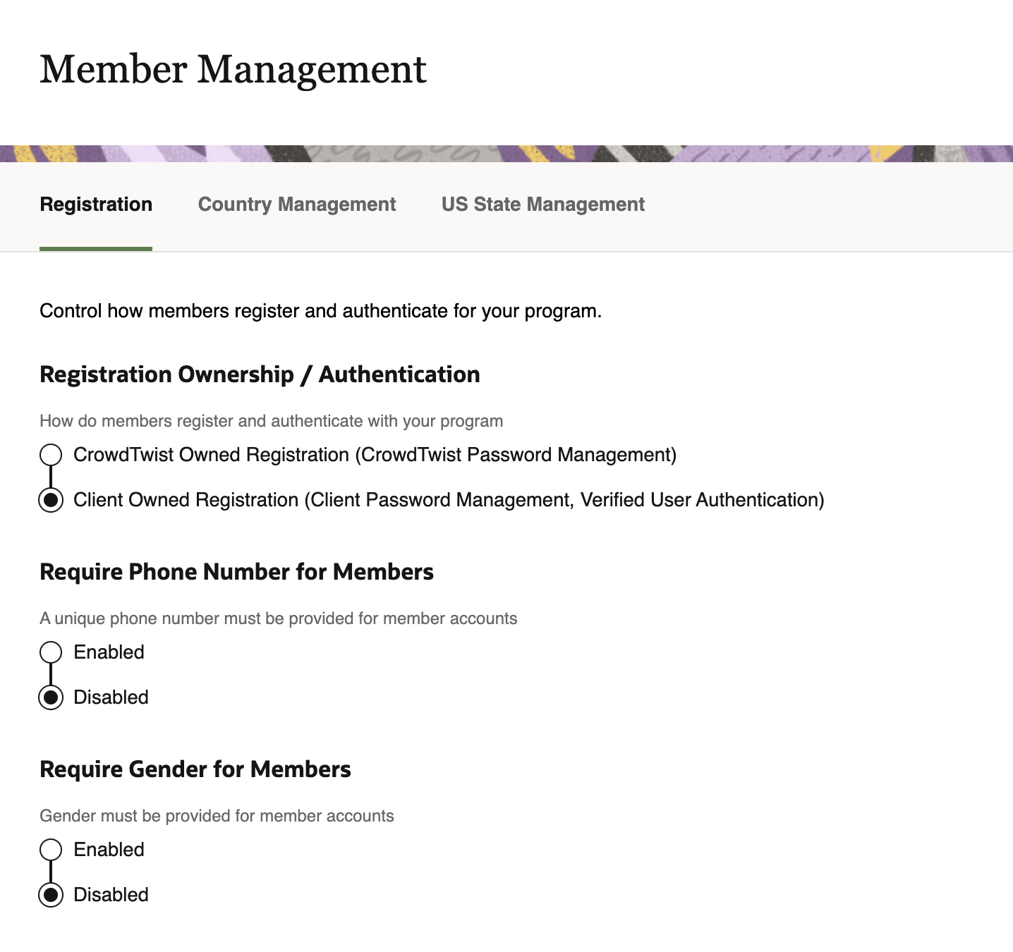 This image displays the Registration area of Member Management, with several options selected.