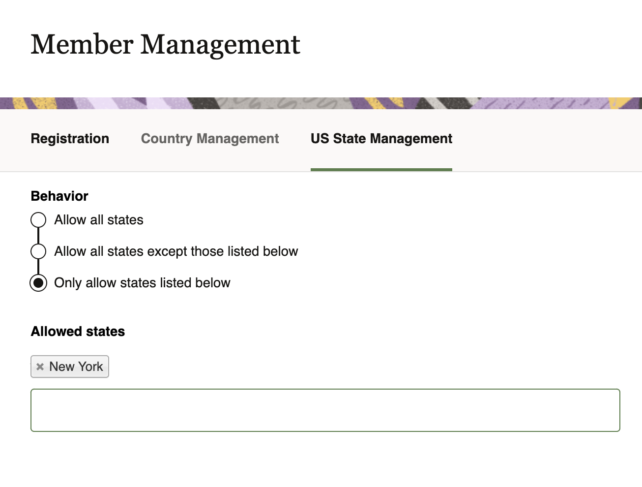 This image displays the US State Management area of Member Management, with the option “Only allow states listed below” selected.