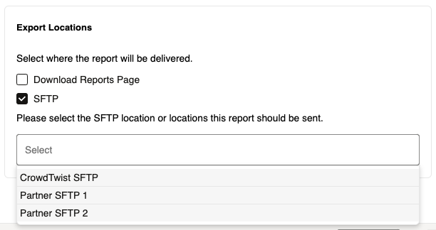 This image displays the Export Locations screen with the SFTP checkbox marked and the available location options listed.
