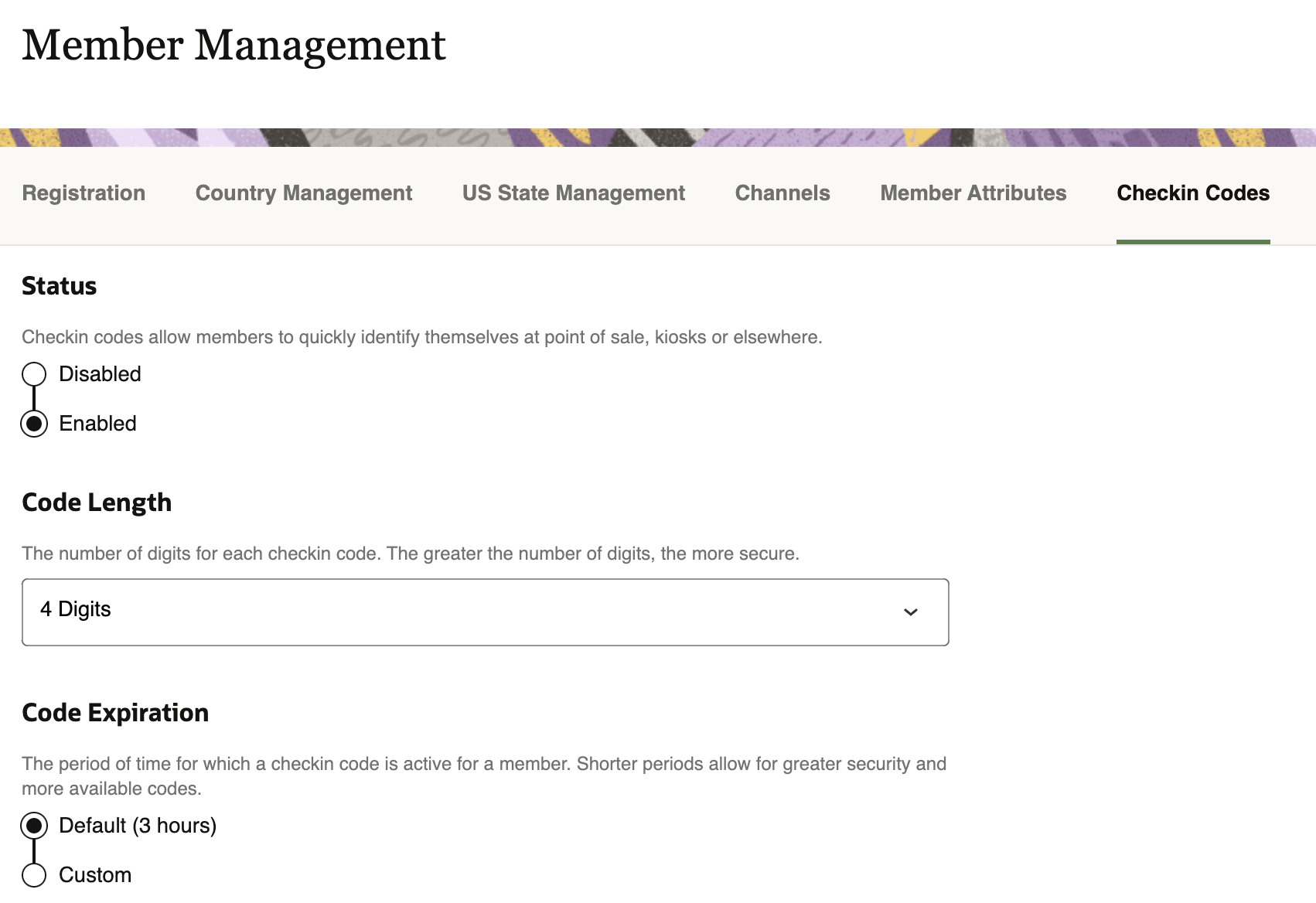 This image displays the Checkin Codes feature page within the Control Center, showing the various subsections available for configuration such as Status, Code Length, and Code Expiration.