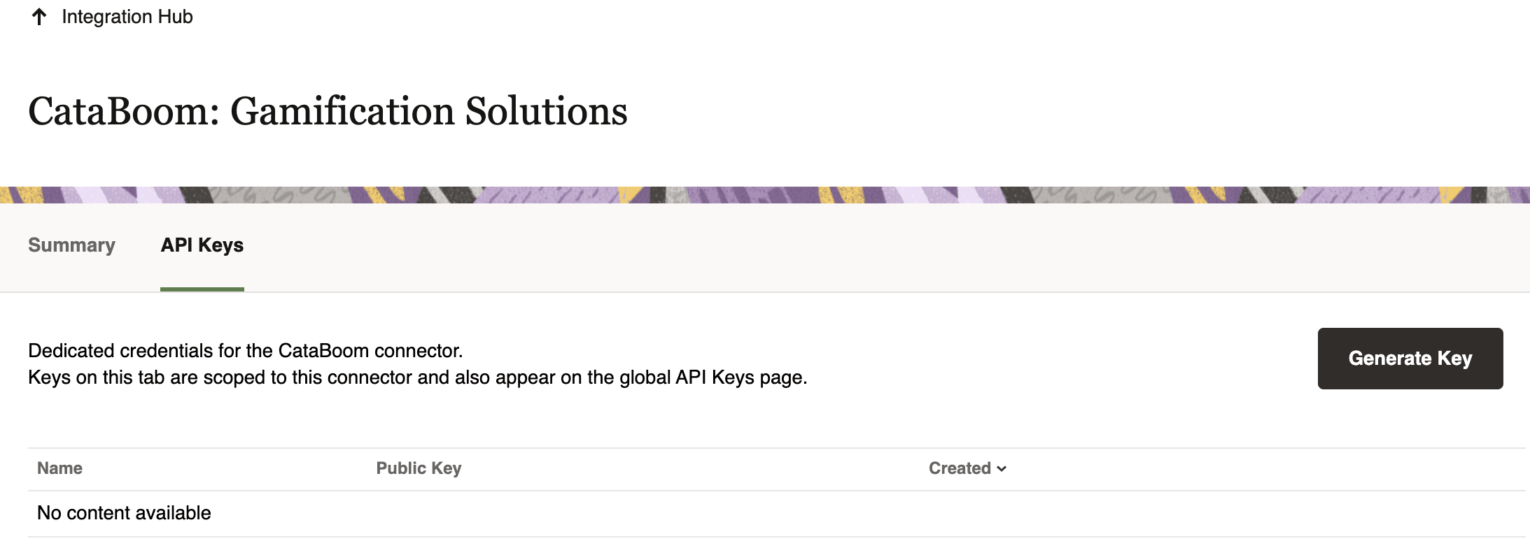 Shows the API Keys tab for the CataBoom Integration Hub connector.