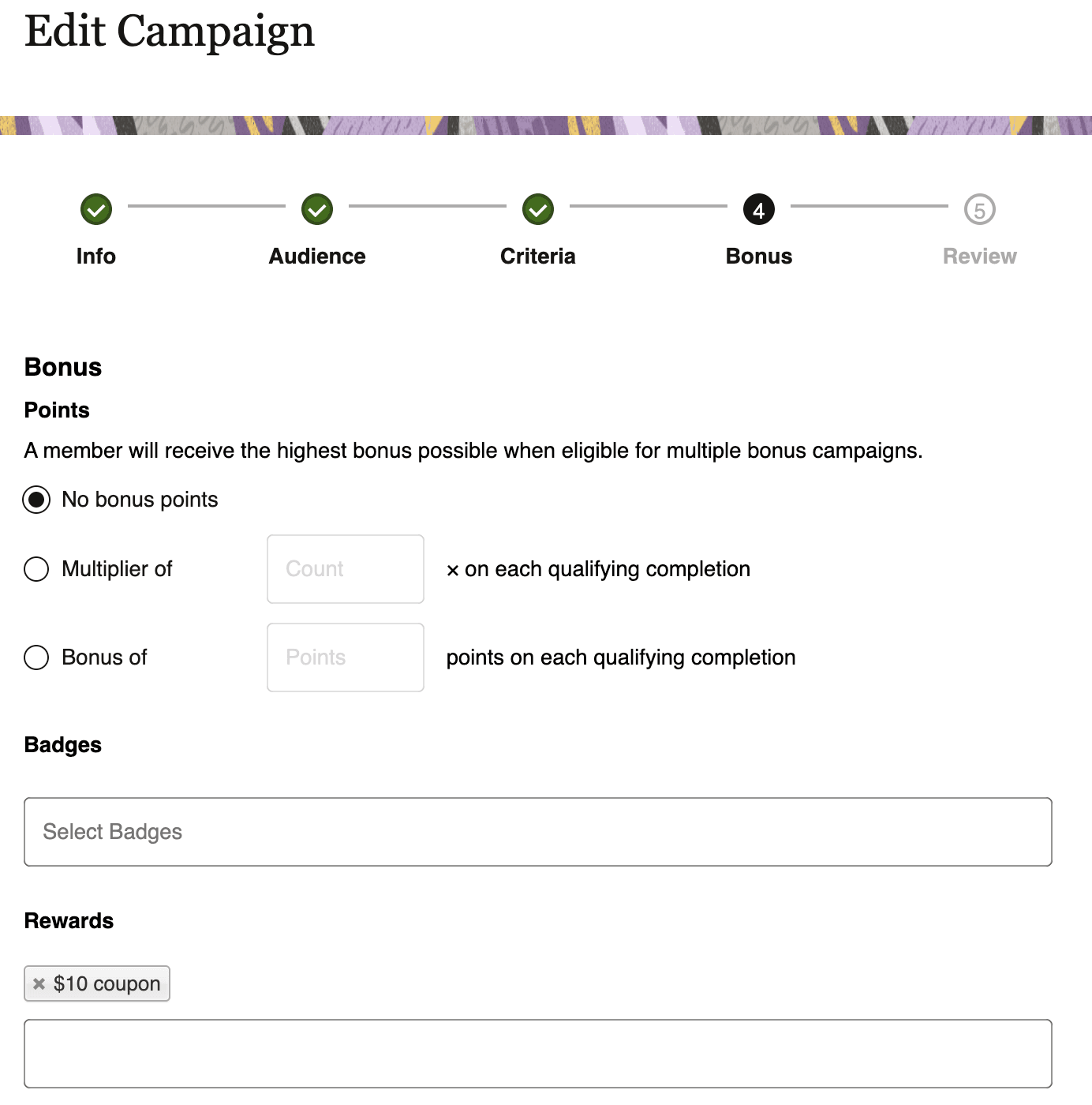 Shows the Bonus step when editing a campaign.