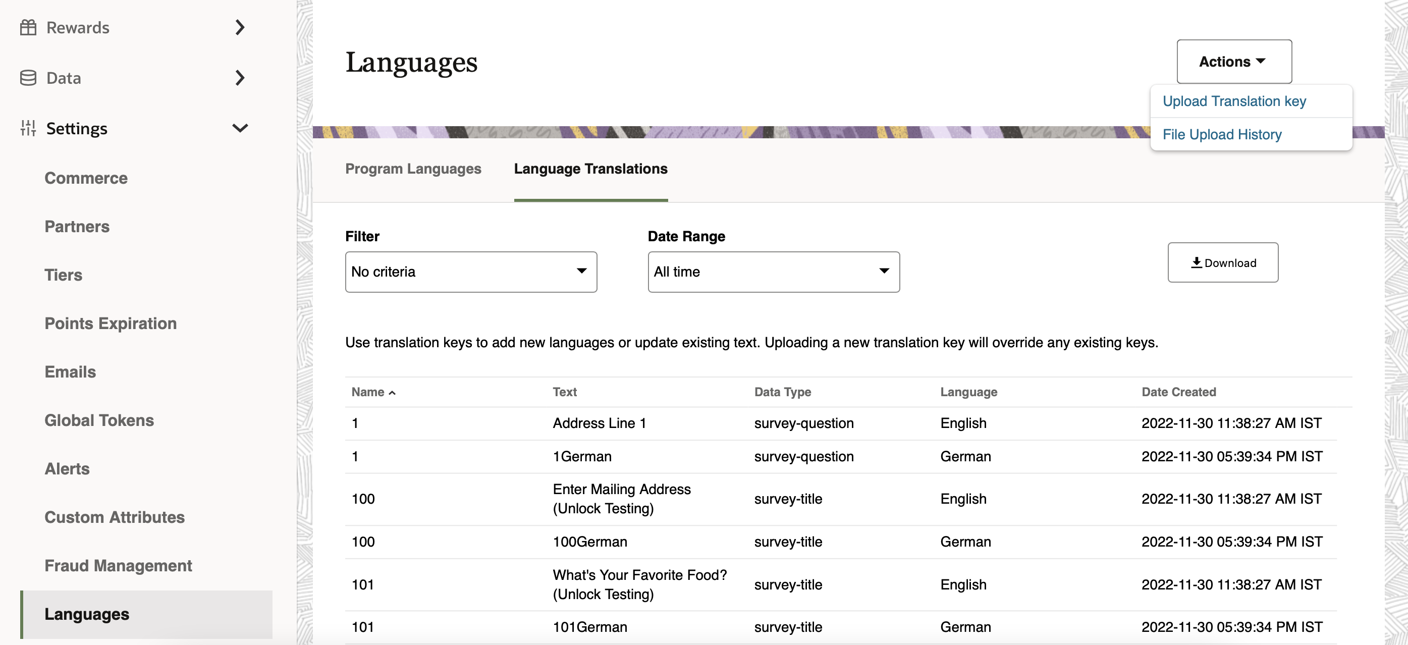 This image shows the Language Translations page.