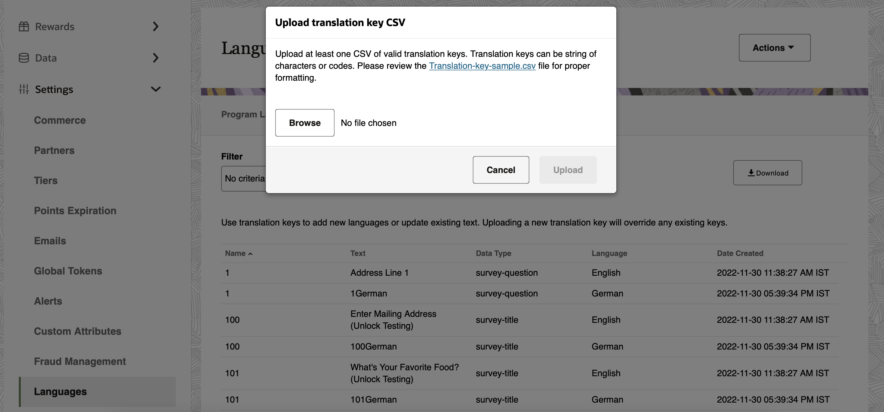 This image shows the Upload translation key CSV window.