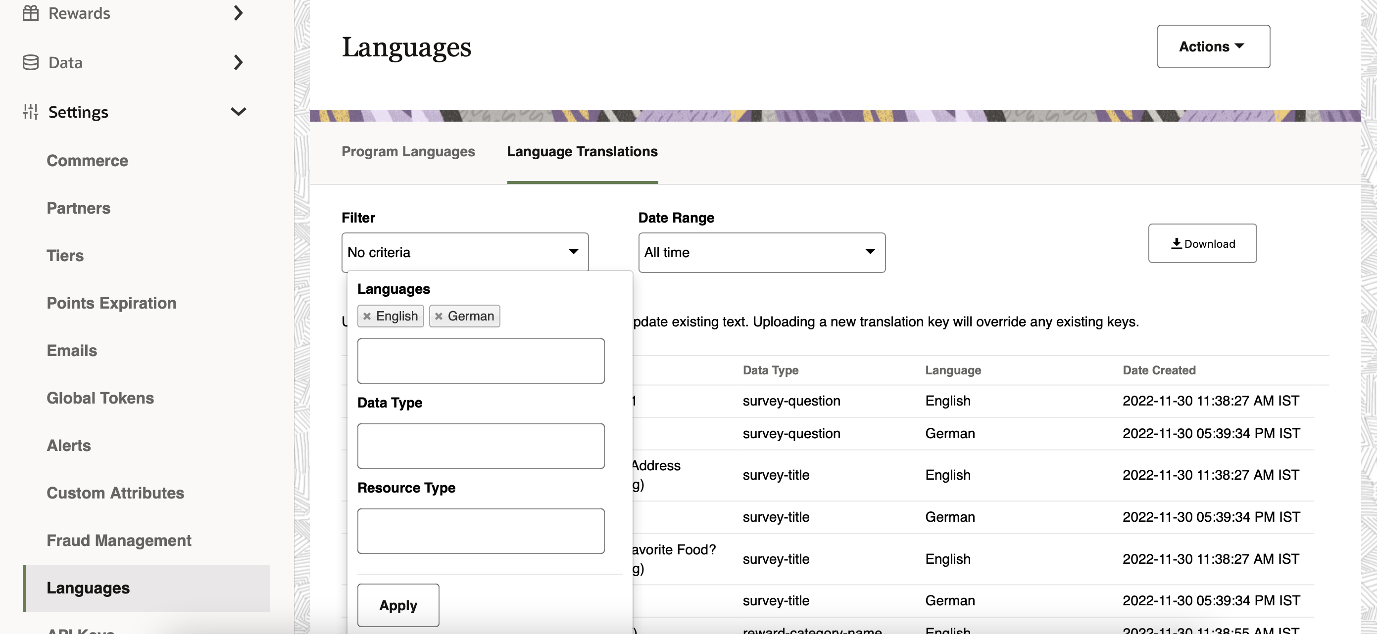 This image shows the Filter fields for Languages, Data Type, and Resource Type.