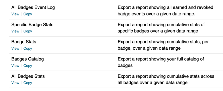 Image shows the data export templates for badges.
