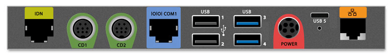 This figure shows the primary input/output panel on the Oracle MICROS Compact Workstation 310.