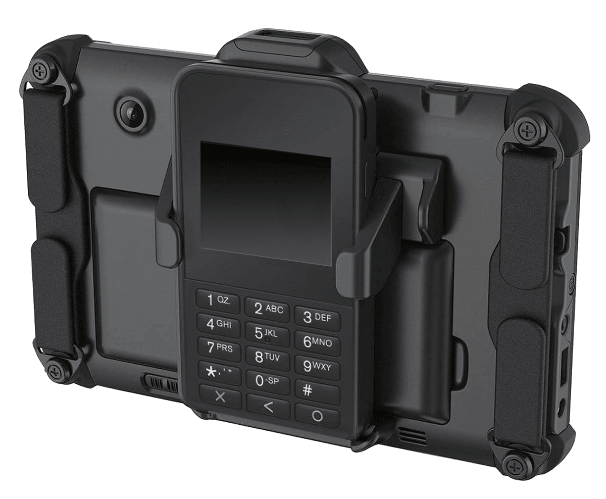 This figure shows the Payment Device Mount attached to the Oracle MICROS Tablet 721P.