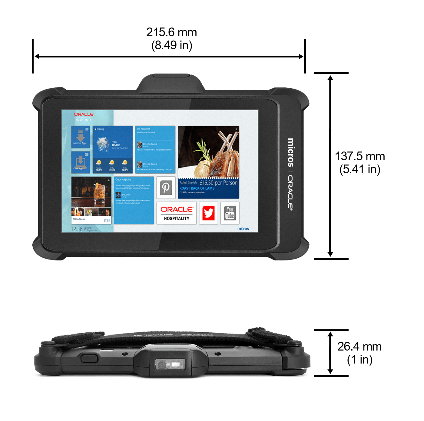 This figure shows the dimensions of the Oracle MICROS Tablet 721P.