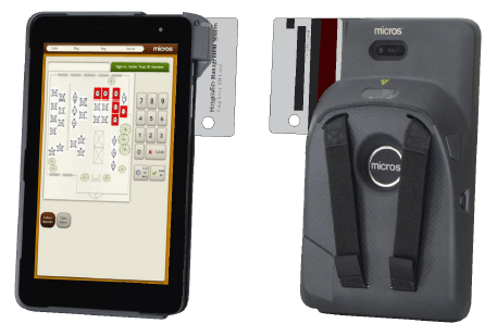 These figures show the MICROS Tablet E-Series 8 with MSR Sleeve Features and Connectors.