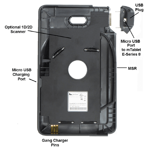 These figures show the MICROS Tablet E-Series 8 with MSR Sleeve Features and Connectors.