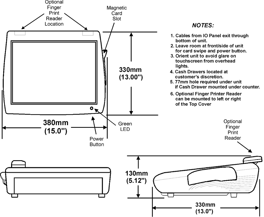 This figure shows the MICROS PC Workstation 2015 - Low Profile equipment dimensions.
