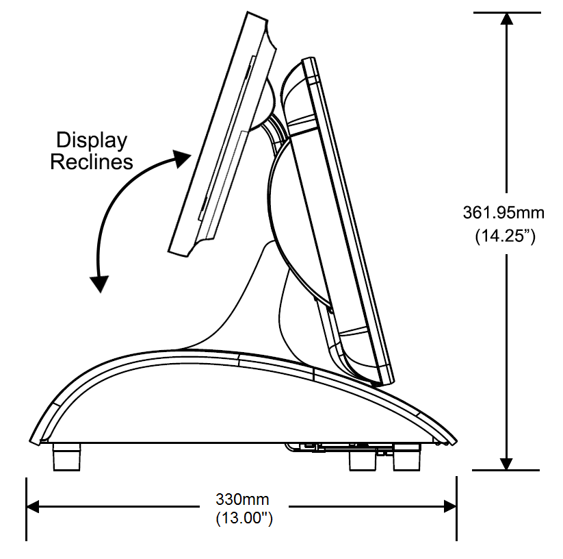 This figure shows the side dimensions for the MICROS Workstation 6 Series and 10-Inch Customer Display with High Mount .