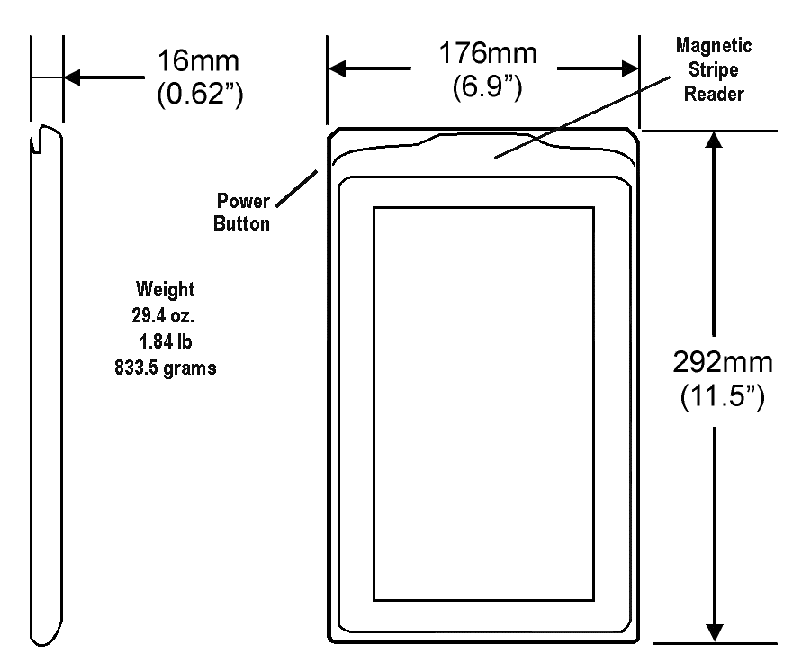 This figure shows the MICROS Tablet R-Series equipment dimensions.