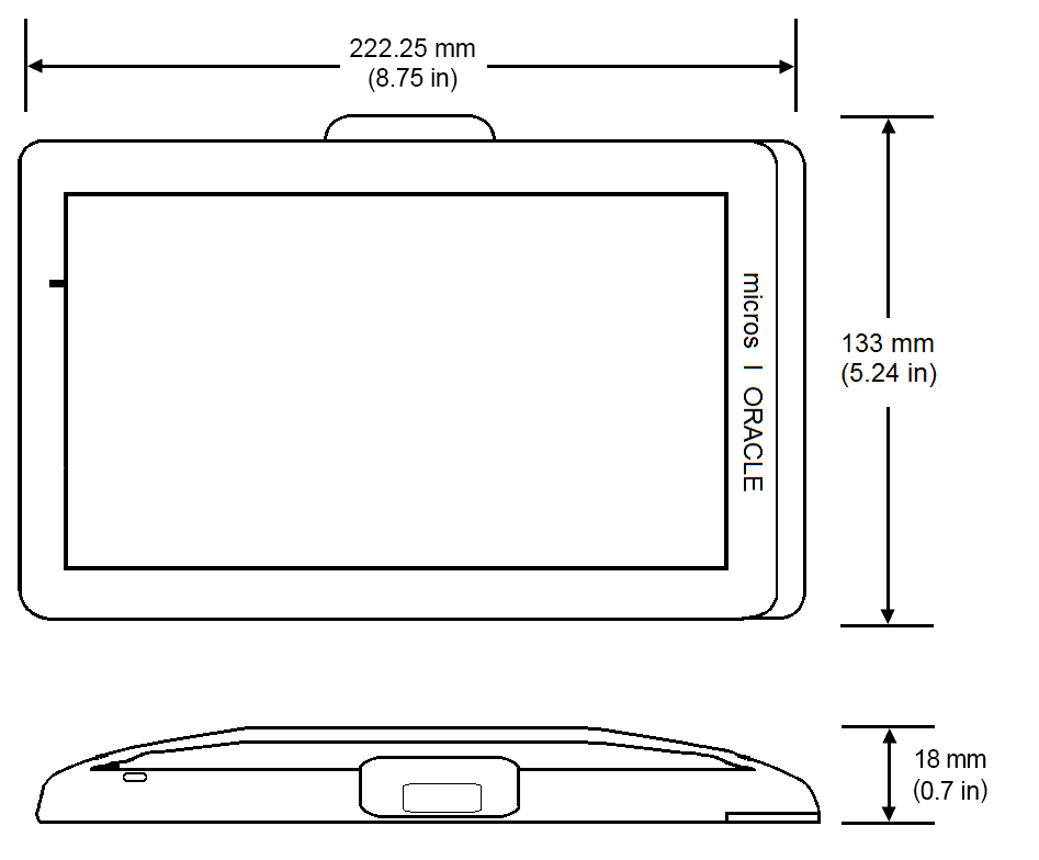 This figures shows the dimensions of the Oracle MICROS Tablet 721.