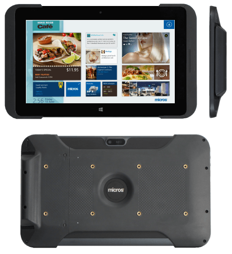 These figures show the MICROS Tablet E-Series 11 with MSR Sleeve Features and Connectors.