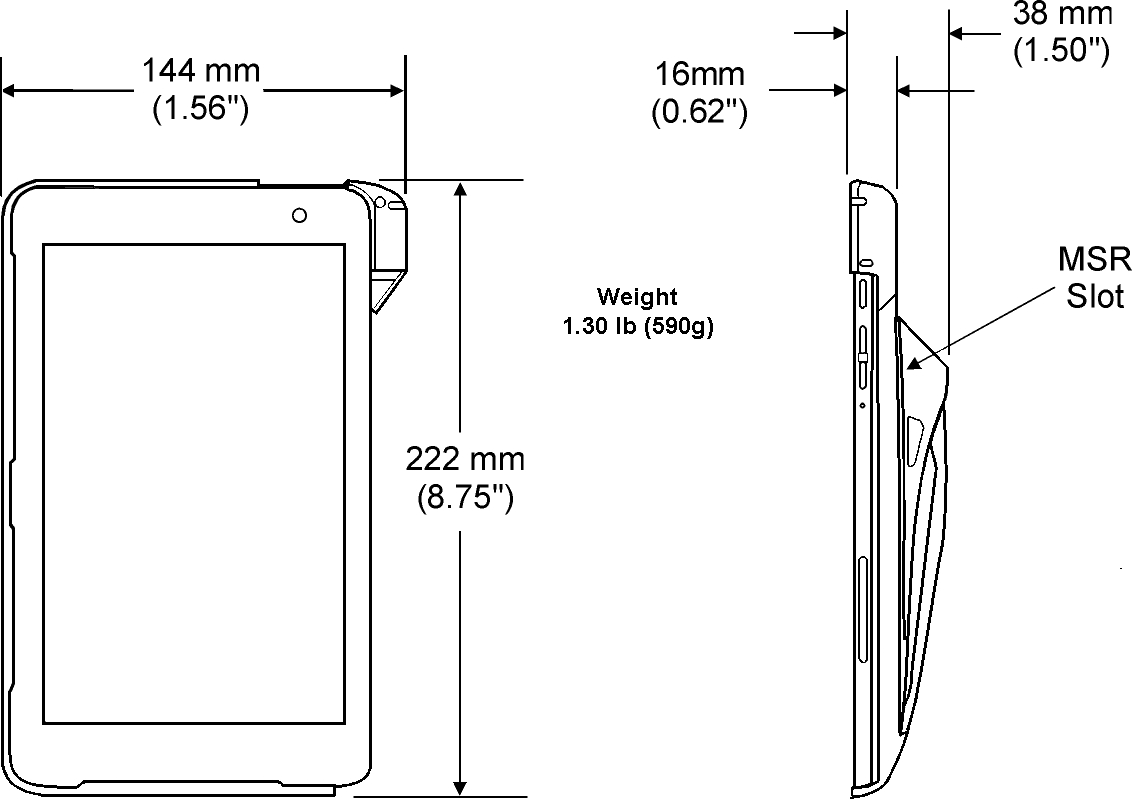 This figure shows the MICROS Tablet E-Series 8 equipment dimensions.