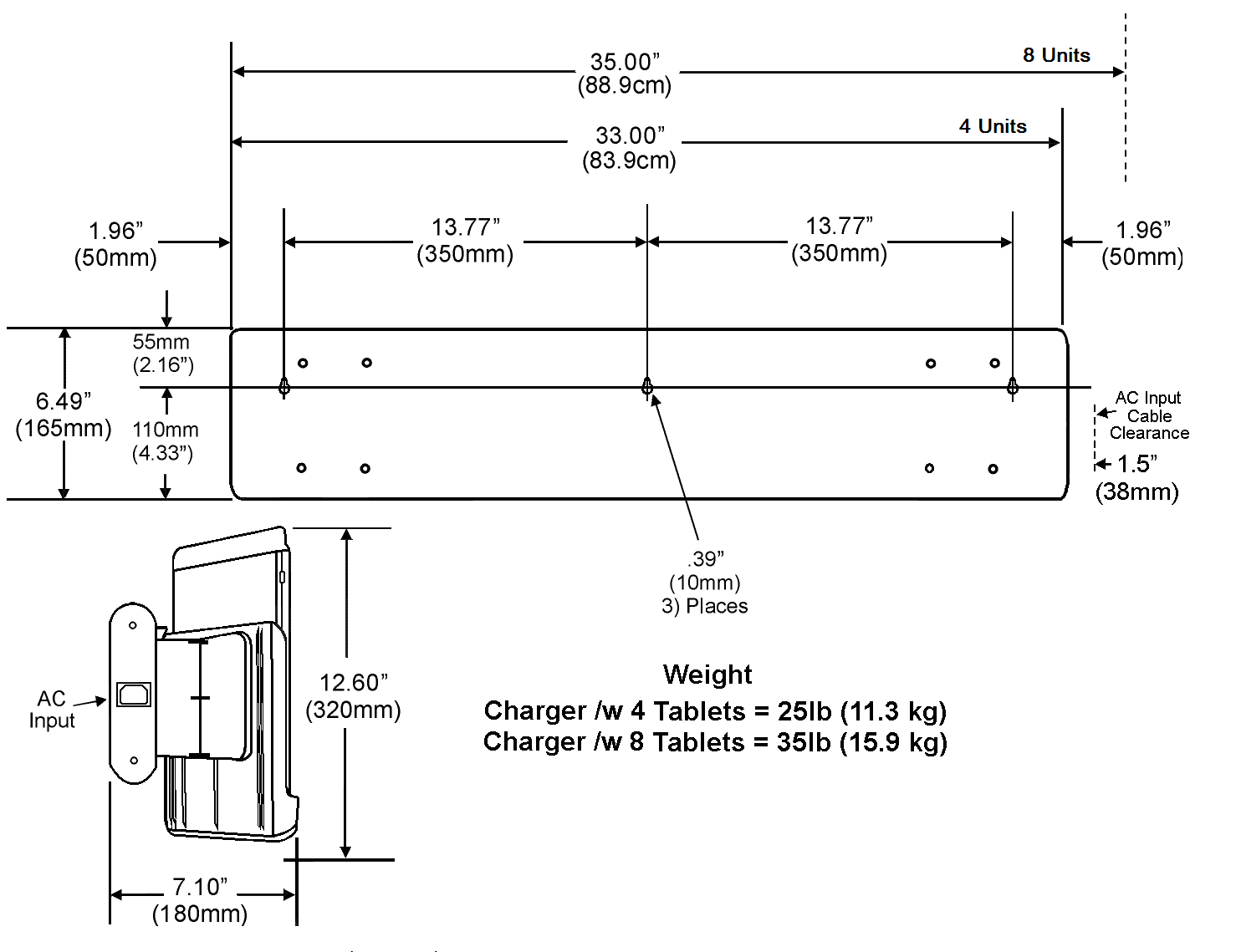 This figure shows the MICROS Tablet Multi-Unit Charger - Wall Mount equipment dimensions.