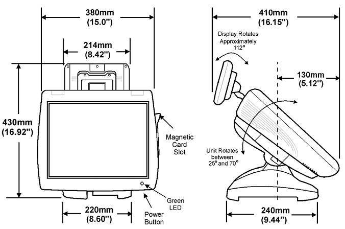 This figure shows the MICROS Workstation 5/5A - Low Profile equipment dimensions.