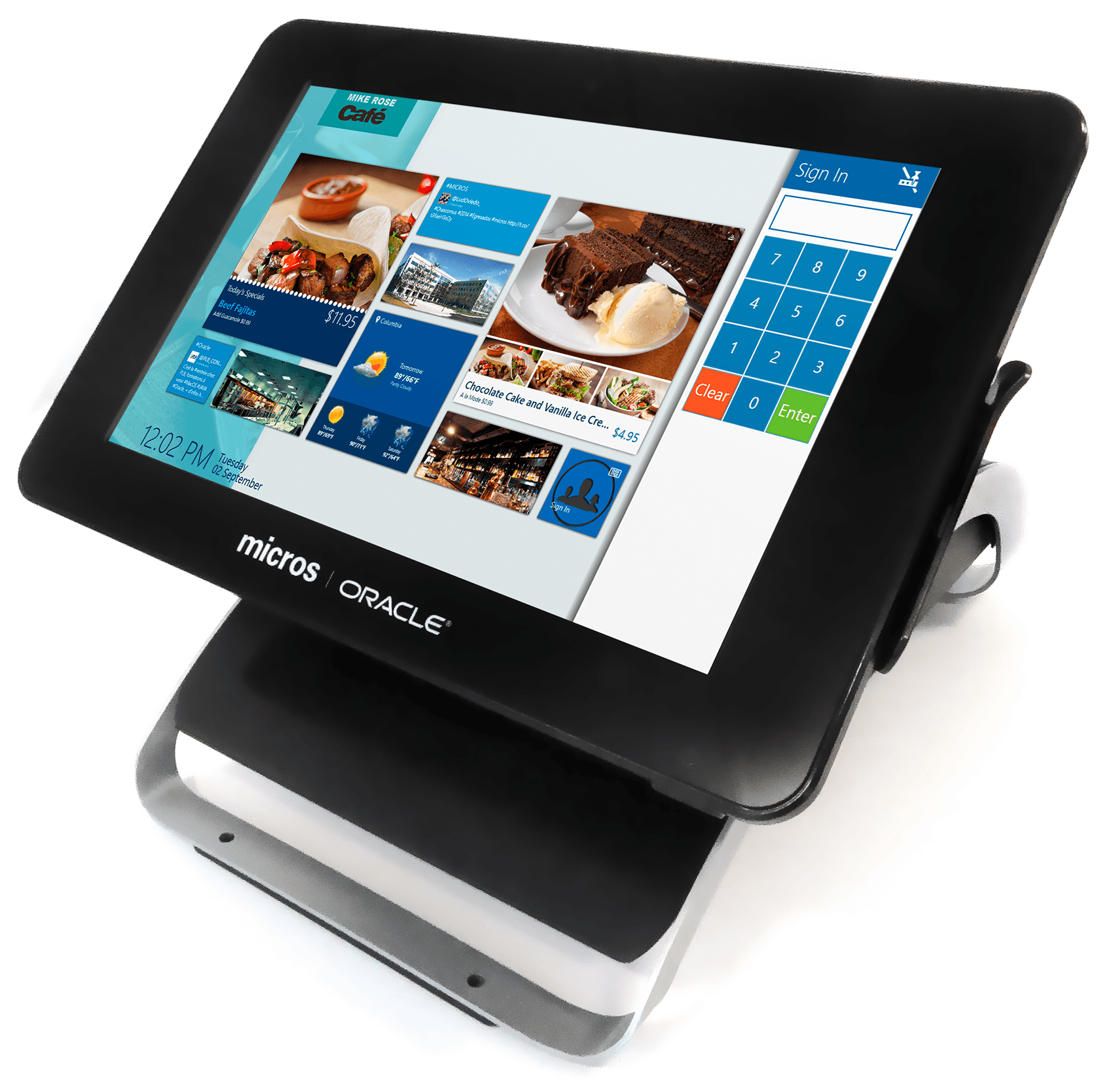 This image shows the MICROS Compact Workstation 310 mounted on the Flexible Stand. This image shows the MICROS Compact Workstation 310 mounted on the Flexible Stand.