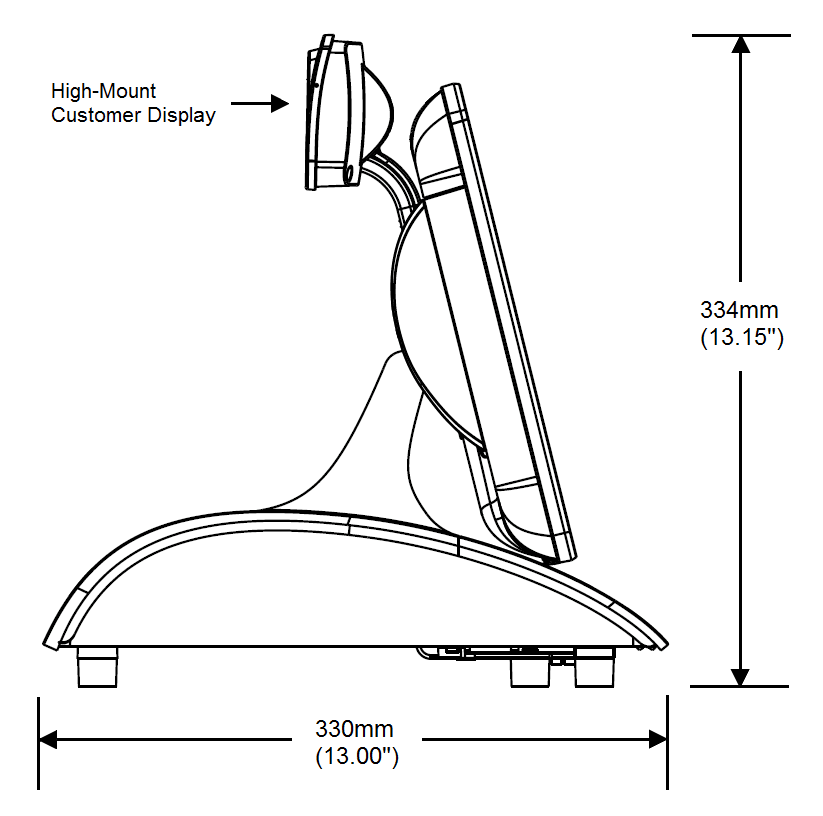 This figure shows the MICROS Workstation 6 Series side dimensions with the High-Mount Customer Display installed on the Adjustable Stand.